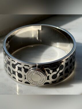 Coach Signature Black Enamel & Silver Hinged Bracelet 8” - Retired